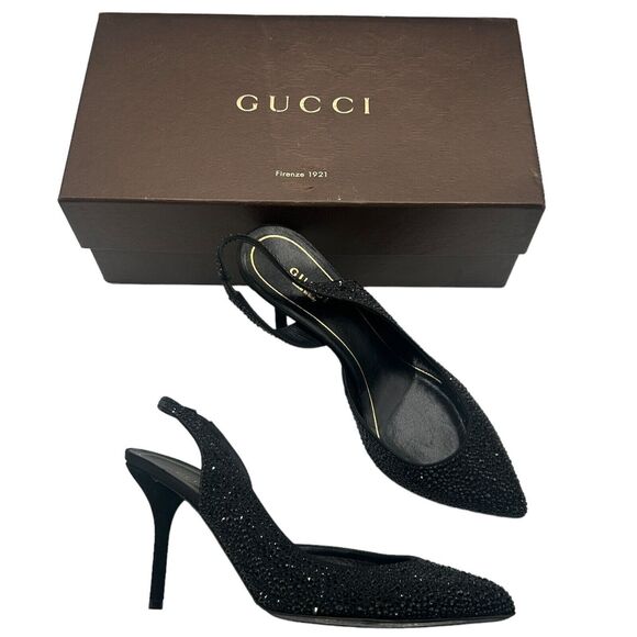 Gucci Black Crystal Embellished Satin and Suede Noah D'Orsay Slingback Size 37 - Picture 1 of 12